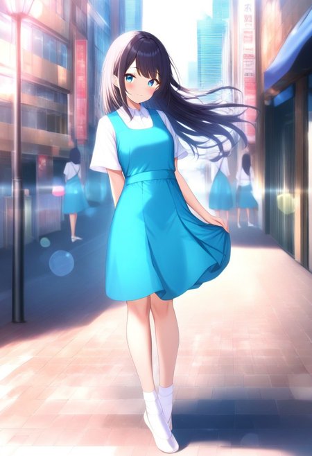 masterpiece, best quality,amazing quality,(1girl), solo,(depth of field),(solo focus),8K,HDR,(ultra high res),(highres),(full body),(lens flare),smile,blush,(black hair),(long hair),(blue eyes),(floating hair), sidelocks,(malaysian secondary school uniform),(pinafore dress),(aqua blue skirt),(blue pinafore),(collared shirt),(white shirt),(short sleeves),(white socks),(short socks),(white footwear),(ballet flat),(outdoor),(cityspace),(city),(street),(lampost),(standing),(looking at viewer)