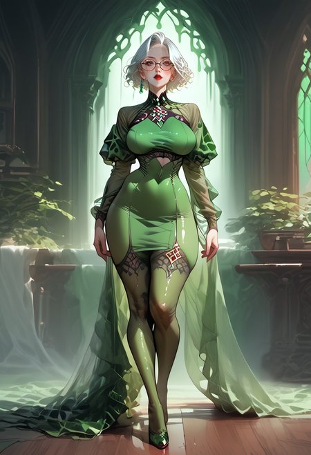 embedding:urn:air:sd1:embedding:civitai:222256@250708, score_9, score_8_up, score_7_up, score_6_up, source_anime, 1girl, full body visible, white hair, short hair, red lips, dark eyes, tall girl, 

(large green crop top), perfect face, detailed face, 8k face, inside a beautiful palace background, detailed background, large natural saggy breasts, sexy hips, (blush), he chooses a book for himself on the shelf, big black glasses, green neon, looks at laptop, magical green robes, fishnet stockings, curvy hips, 
