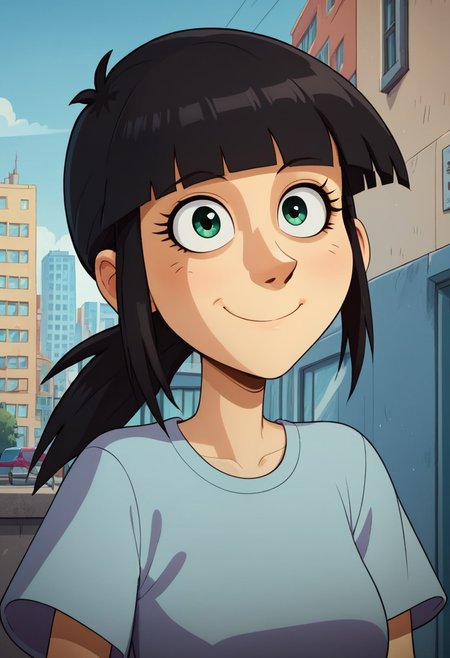 ((city background)),score_9, score_8_up, score_7_up,score_6_up, 
1girl, Solo, Sarah_TADL, light skin, green eyes, black hair, straight fringe, low ponytail hairstyle, light blue short-sleeve T-shirt, tight blue jeans, black shoes, social smile, big eyes, cute face, close-up, face photo, perfect eyes, perfect smile
