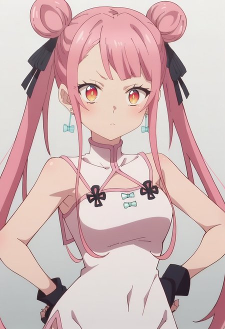 <lora:Tao:1> tao, long_hair, pink_hair, 1girl, double_bun, bangs, solo, twintails, earrings, hair_ribbon   , dress, chinese_clothes,cowboy shot, looking at viewer, score_9, score_8_up, score_7_up, , anime coloring ,BREAK source_anime, anime