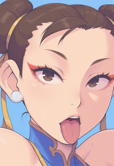 c4yf311style, masterpiece, best quality, solo,                                                                                                chun_li\(street_fighter\), detailed eyes, hair buns, closeup,  looking at viewer, tongue,  blue background,