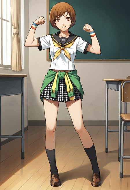 score_9, score_8_up, source_anime
1 girl, solo, cute face,
p4chie, satonaka chie, short hair, brown hair,
p4chie-sumuni, school uniform, serafuku, yasogami school uniform, neckerchief, jacket around waist, pleated skirt, houndstooth skirt, wristbands, multicolor wristbands, socks, loafers,
classroom, standing, looking at viewer, smile, raised fist, celebrating, thighs,
masterpiece, best quality, ultra detailed,
