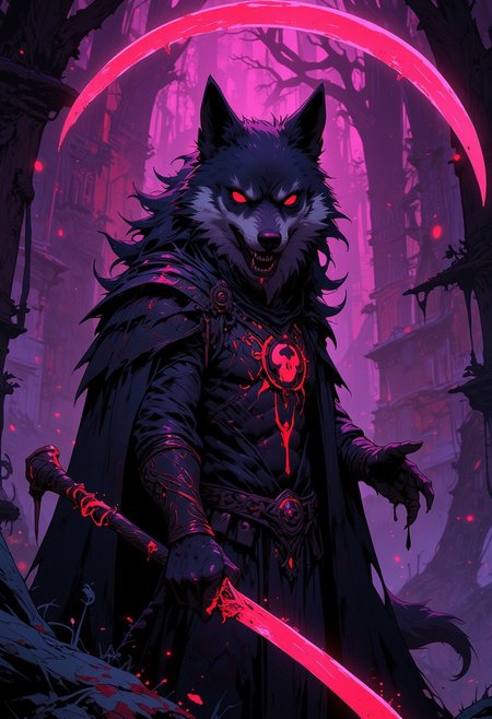 A demonic shiba inu holding a red bloody scythe, glowing an ominous magenta color.
Niji Stan Katayama style.