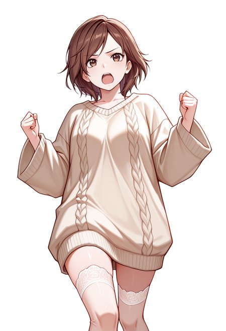 masterpiece,high quality details, absurdres,colorful, 
 <lora:Hiro_Kurusu_V2:0.8> hiro_cnr,  1girl, brown hair, short hair, brown eyes,, simple background, white background, dutch angle,solo,, frown,screaming,, robe  ,oversized sweater ,lace thighhighs,  ,no-show socks,