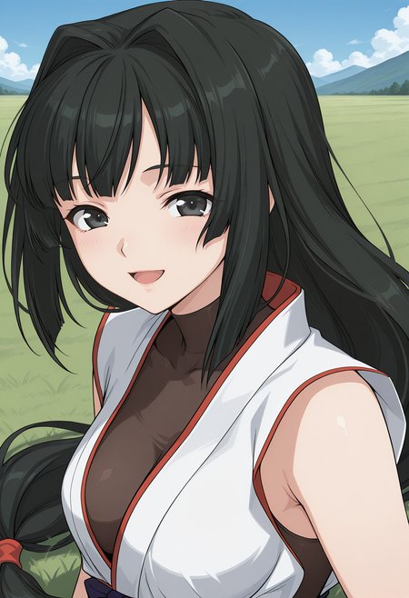 best quality, very aestkusanagi_mikoto, black eyes, black hair, long hair, very long hair, low-tied long hair, hair intakes, fingerless gloves, covered collarbone, cleavage, japanese clothes, sleeveless, <lora:kusanagi_mikoto_illustrious_ver2:0.8> 
smile,, masterpiece, best quality, sensitive,, 1girl, solo, blue sky, (grasslands:1.2), looking at viewer,, (upper body:1.2), (close-up:1.2), (facing viewer:1.2), (open eyes:1.4), (portrait:1.2)