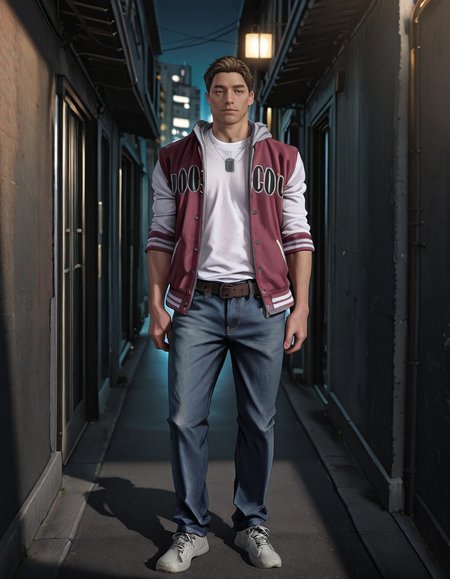 masterpiece, best quality, absurdres, newest, perfect quality, best quality, absolutely eye-catching, detailed background, intricate details, male focus, realistic, solo, <lora:Resident Evil - Samuel Jordan - Illustrious-000004:0.7>, resam, 1boy, mature male, no facial hair, short hair, brown hair, blue eyes, city, alley, night, two-tone hooded jacket, sleeves rolled up, white shirt, dog tags, belt, jeans, white shoesâââ