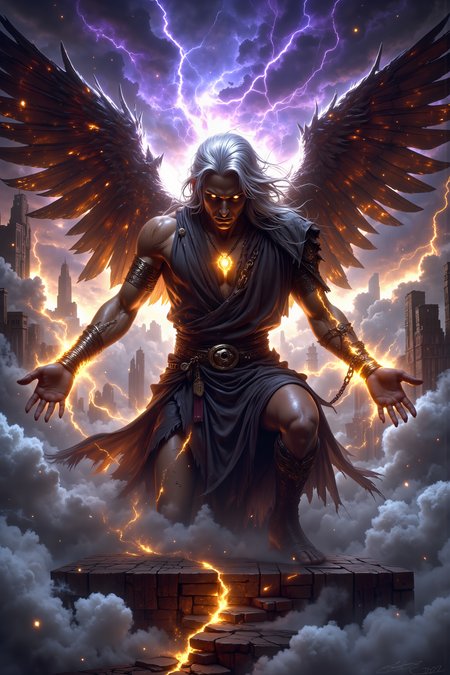 A hyper-realistic portrait, photorealistic photo close-up image of A middle-aged male, with graying silver hair and bronze skin, kneels on a platform suspended above a swirling sea of clouds. His arms are stretched out, wrists bound by glowing, ethereal chains that seem to melt into the sky. His once-elegant robes are in tatters, revealing a lean, scarred body marked by countless battles. His eyes, a deep gold, are fixed downward, reflecting the swirling, stormy clouds below him. He has a special feature: a pair of broken wingsâfeathered, but scorched and tattered, that droop helplessly behind him. The platform is surrounded by ancient stone arches, crumbling and worn by time, floating in mid-air with no visible support. Behind him, the sky shifts between colors, from deep purples to fiery reds, as though the heavens themselves are in turmoil. His face is etched with pain, but there is an undeniable resilience in his posture, as if waiting for the perfect moment to rise again. Lightning occasionally flashes through the clouds, illuminating his figure in bursts of harsh light.(photography, high-resolution, dynamic, energetic,hyper-realistic, dramatic lighting, shallow depth of field.), MythP0rt<lora:DnDDarkestFantasy:0.5><lora:FluxMythP0rtr4itStyle:0.75><lora:Dever_Flux_Enhancer:0.5><lora:Aura_Flux-000010:0.6>