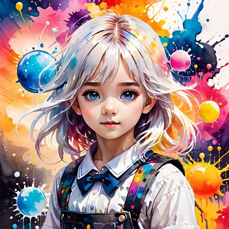 ink splashing,semi realistic, 2d game scene,oil and watercolor painting,
 <lora:fantasy_world:1>ï¼
(((masterpiece))),(((best quality))),((ultra-detailed)),(illustration),(dynamic angle),
((floating)),(paint),((disheveled hair)),
(solo),(1girl), little girl, ((small_breasts)), (((detailed anima face))),((beautiful detailed face)),collar,bare shoulders,
white hair, ((colorful hair)),((streaked hair)),
beautiful detailed eyes,(Gradient color eyes),(((colorful eyes))),
(((colorful background))),(((high saturation))),(((surrounded by colorful splashes))),(((surrounded by colorful dot))),colorful bubble,((shining)) ,child,
((young,little girl,cute,little girl face))
