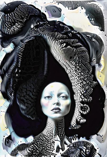 raw sketch of interwoven concrete cement pebbles cob cobblestone shell fishscales snakeskin, by Hans Bellmer, by Malevitch, by Kandinsky, Surreal psychedelic bizarre, psychedelic hallucination, pop surrealism, rough crosshatch drawing pop art Lunatic_Portrait of a young woman in latex Avant-garde Fashion page, slick back, low bun, black makeup, sinister expression, intense glare, (melting flesh covered in moss, rot, mold, bubbles, droplets:1.5), avant-garde, abstract, weird, geometric, constructivism, suprematism, rayonism, verticism, lineism, tj