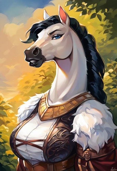score_9, score_8_up, score_7_up, score_6_up, (high quality, masterpiece),
2d, traditional media, sketch, watercolor,
fantasy, upper body, outdoors,
1girl, source_furry, furry, anthro, horse, female equine, black eye shadow, black lips, long black hair, black horse tail, (white fur, white body, white skin), blue eyes, large breasts, parted lips, adventurer, adventurer clothes, looking at viewer,