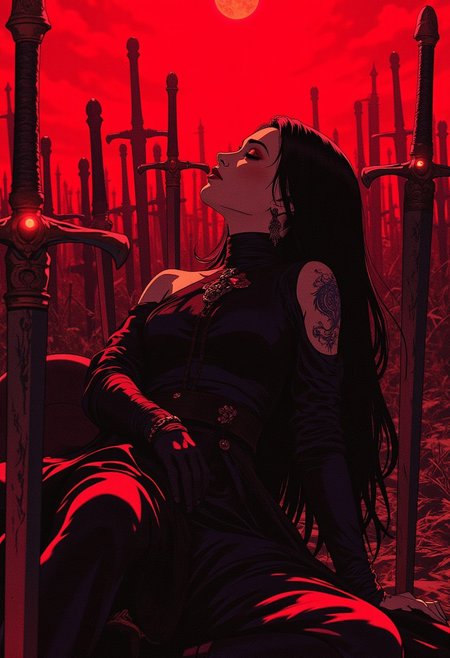 A gothic warrior with long black hair and a dark dress, reclining against a sea of swords planted in the ground. The red sky intensifies the dark mood, and her eyes are filled with a haunting calm. The swords glisten under the crimson light. (epic dark fantasy style).
ne0nfant4sy