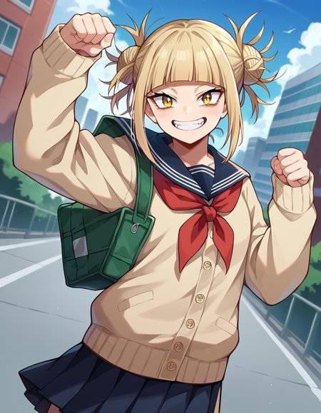 score_9, score_8_up, score_7_up, source_anime,
himikotoga, <lora:himiko-toga-ponyxl-lora-nochekaiser:1>,
himiko toga, bangs, blonde hair, yellow eyes, blunt bangs, hair bun, double bun, messy hair, smile, grin,
skirt, long sleeves, school uniform, pleated skirt, shoes, serafuku, socks, sailor collar, blue skirt, neckerchief, kneehighs, brown footwear, cardigan, black socks, loafers, red neckerchief, yellow cardigan,
outdoors, cityscape,
looking at viewer, cowboy shot, dutch angle, dynamic pose,