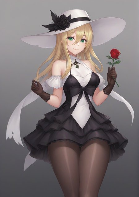 1girl, sakurai momoka, furry female, bare shoulders, black flower, black rose, black skirt, blonde hair, brown gloves, brown pantyhose, closed mouth, dress, flower, gloves, green eyes, hair between eyes, hat, hat flower, holding, holding flower, looking at viewer, pantyhose, petals, rose, skirt, smile, solo, white dress, white flower, white headwear, white rose,zPDXL3  <lora:weni:1>