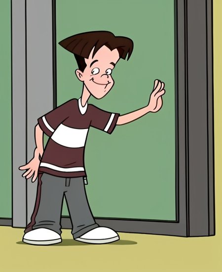 <lora:what_about_mimi-16:0.9>, 1boy, solo, Jason, brown hair, striped shirt, pants, smiling,