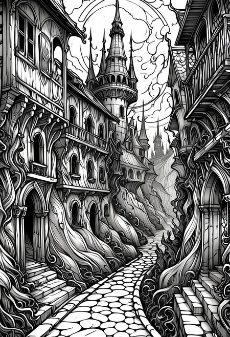 coloring page, line art, style by Raymond Swanland, fantasy art,  dream world,  eerie atmosphere