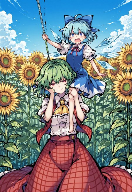 safe_pos, source_anime, high res image, masterpiece, perfect quality, best quality, newest, absurdres, highres, scenic, ultra detailed face, detailed eyes, accurate anatomy,
tokiame, ink,
sdxl_lightning_4step_lora_rank1,
HDR,
outdoor, blue sky, sunflower field, daytime, front view,
2girl, multiple girls, multiple different girls, 2 different girls,
female on bottom (kazami yuuka, green hair, holding another girl's body over own head, smile),
female right side (zzCirno, blue eyes, hair between eyes, ahoge, blue hair, hair bow, short hair, blue dress, puffy short sleeves, white shirt, bow, wings, short sleeves, ice wings, dress, shocked, swinging legs in air, holding a fish rod),
correct fingers