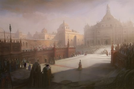 a painting of a city with a lot of people standing on top of it and a lot of buildings