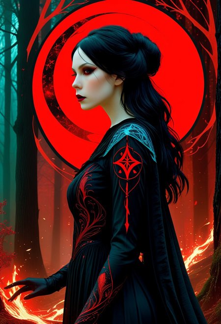 Silhouette Art, magnificent. female dark mage, long black hair, bangs, dark eyeshadow,  red lips, porcelain pale skin, imbued with a dark malevolent beauty, sexy black mage gown featuring arcane symbols embroidered in its fabric, closeup portrait, abstract red-tinged background suggesting a forest glade
BREAK
cinematic angle, unique perspective, dramatic lighting
BREAK
Release me in the fray
Your fever driven craze
Release me, devastatе
Let Hircine guide your way into thе bloodlust
