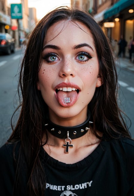 score_9, score_8_up, score_7_up, score_6_up, score_5_up, score_4_up, BREAK, RAW, photo, 8k, very sharp, (source_real:1.3), street,
cute young goth limbo, freckles, blush, bangs, long hair, black makeup, over the shoulder sweater, collar with metal ring, open mouth, tongue out, [one tongue pricing ], white teeth, cross eyed, 34tp4p3r
<lora:MJ52:0.4>  <lora:CinematicStyle_v1:0.4>  <lora:officialpit_style_v11:0.3>  <lora:34tp4p3rXLP:1>