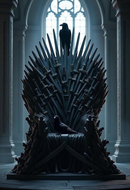 A majestic and dramatic scene featuring the iconic throne from Game of Thrones, made from countless swords, and a three-headed black raven casually perched on top of the throne. Raven settled down comfortably.
The intricate details of the throne are clearly outlined, and the metal swords gleam in the soft diffused light, which casts subtle shadows throughout the room. with the gloomy and imposing atmosphere of the "throne".
The background is dimly lit, weak rays of light penetrate through the tall arched windows, creating a gloomy and cinematic atmosphere. The art style is very detailed and realistic, with an emphasis on the texture of black feathers and the cold sharp edges of the throne. The scene conveys the atmosphere of an epic fantasy.
 <lora:CPA:0.5> <lora:FLUX-daubrez-DB4RZ-v2:0.3> <lora:ck-shadow-circuit:0.35> in the style of cksc, <lora:Ethereal Brush Anime v2.0:0.3> <lora:It's a LoRA for portraits, BUT! actually specialized in backgrounds. v1.0:0.15> <lora:Dark_and_sentimental:0.8> <lora:dreadmirth-style-art:0.5> dreadmirthart