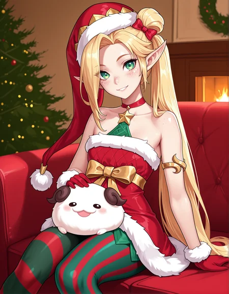 masterpiece,best quality, absurdres, highres,   <lora:Elf Jinx Illu 2:0.9> elfjinxillu, santa hat, santa costume, red choker, asymmetrical gloves, single armlet, asymmetrical pantyhose, striped, freckles, hair bow, sitting, looking at viewer, poro on lap, christmas tree, happy,