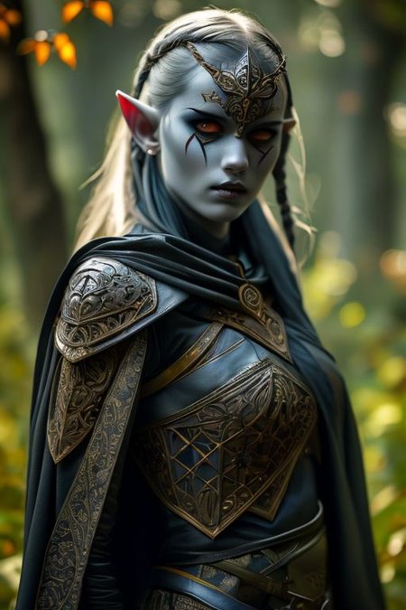 RAW photo, (masterpiece:1.3), subsurface scattering, heavy shadow, (high quality:1.4), (intricate, high detail:1.2), professional photography, HDR, High Dynamic Range, realistic, ultra realistic, photorealistic, high resolution, film photography, ambient lighting, atmospheric effects, <lora:detail_slider_v4:2>, OverallDetail, a female drow ranger, dark makeup, intricate leather armor with leaf patterns, jewelry, cape, tiara, <lora:Drow:0.8>, epiCPhoto