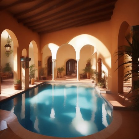 <lyco:Spanish_style_interior_design_Sa_May:1.0>  Spanish style interior swimming pool