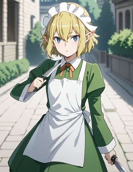 score_9, score_8_up, score_7_up, source_anime, BREAK
1girl, blurry backround, outdoors, solo, looking at viewer, knife, dual wielding,
ryuu lion, short hair, blonde hair, hair between eyes, pointy ears, blue eyes,
waitress outfit, maid headdress, neck ribbon, green dress, collared dress, white apron, juliet sleeves, long sleeves, black pantyhose, boots,
attacking pose,
<lora:ryuu_lion_anime_v2-soralz:1>
