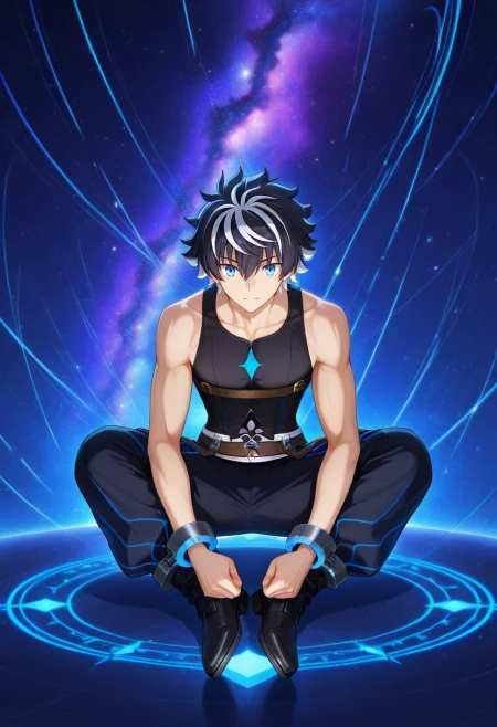 masterpiece, best quality, intricate details, anime screencap, , official style, , 1boy, solo, male focus, <lora:charlemagne_fate_ilxl:0.9>, charlemagne_fate, black hair, blue eyes, multicolored hair, white hair, two-tone hair, short hair, hair between eyes, bangs, streaked hair, , nebula sanctum, cosmic mosaics, glowing domes, star trails, meditating pose, inspired expression, galaxy glow, Cuffed pants, Sleeveless tank top, Oxfords, ,