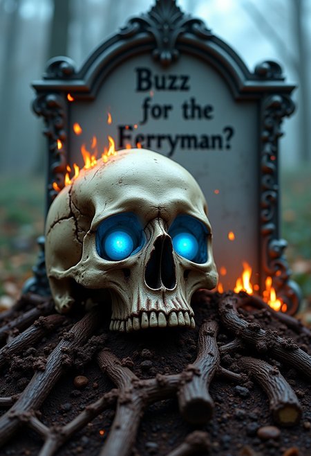 A human skull resting on a mound of dirt and intertwined in roots and clumps of dirt, blue glowing orbs setting within the eye sockets, sparks and embers floating through the air. A large fancy grave stone in the back with text the says "Buzz for the ferryman?"
