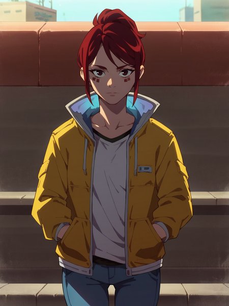 score_9, score_8_up, score_7_up, <lora:cyberpunk:0.8>,1girl,solo,red hair,facial mark,shirt,jacket,pants,cowboy shot,  ,looking at viewer,outdoors