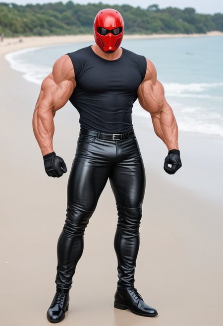 1man, black pants, gloves, pants, black leather gloves, tight black clothes, black opened leather blazer jacket, male focus, helmet, (black opened tuxedo leather blazer, tight black tuxedo shirt, standing, muscular male, muscular, huge biceps, bara, black leather gloves, black leather pants, black men leather shoes:1.8), black leather blazer jacket, tight black latex shirt, tight pants, standing up, flexing, taut black clothes, boots, large pectorals, large biceps, black opened leather blazer jacket, taut black latex shirt, black footwear, (sleek red Red Hood motorcycle helmet with solid white eye lenses, completely covers mouth:1.7), tropical beach<lora:KoraPhotography_PonyXL-000016:0.8>