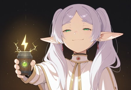 safe_pos, score_9, score_8_up, score_7_up, masterpiece, best quality, you can just give this kind of thing to men and they will be thrilled (meme), smug, holding, "stylized yellow lightning bolt symbol", frier3n, 1girl, solo, pointy ears, twintails, elf, long hair, green eyes, parted bangs, white hair, white capelet, white dress, portrait, glowing, dark background