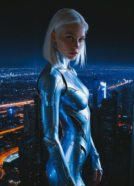 (SFW:1.25), digital art illustration, oil painting, render,
young woman, 25yo, full body shot, detailed face, highly detailed,
1girl, masterpiece, best quality, long hair, pale skin, cute face, light eyes, subtle make up, artistic composition,
adult, alluring, photo, (high cheekbones:0.85)
A masterwork oil painting of serene and elegant futuristic young woman who has a sleek, white and blue metallic body with integrated blue LED lights running along her contours. Her eyes are a piercing, luminous blue, reflecting the neon lights of the city. She has ping shoulder length hair, pale white skin, and blue eyes. She is clad in futuristic, form-fitting metallic armor, combining elegance with technology. She stands gracefully on the edge of the building, with a tranquil expression. Her body is slender, petite, and athletic. Her body is cyborg with mechanical parts integrated into it. Her arms and chest are fully mechanical. Her pose symbolizes calmness and balance, perhaps with one hand resting lightly by her side and the other raised slightly, her metallic fingers splayed gently. The city below is a shimmering maze of neon lights, towering skyscrapers, and flying vehicles. The buildings are adorned with giant holographic advertisements, casting a rainbow of colors onto the streets below. A few vibrant neon signs in alien languages add to the futuristic flair. The scene is set at night, with a clear, starry sky above. The cyberpunk city glows with an otherworldly light, creating a stark contrast with the serene android woman. The air is filled with a faint mist, catching the light and adding depth to the scene. She is beautiful and looks like a fashion model. Masterful painting, oil on canvas, Focus on the girl, Painted by John Singer Sargent, Masterful painting, oil on canvas, Focus on the girl, shadow and light, Rembrandt lighting, brush strokes. emotional, harmonious, vignette, 4k epic detailed, shot on kodak, Composition with woman on the left and wide city scape on the right,  <lora:Elegence_Niji:0.23> <lora:Purple_Grace_v2:0.75> <lora:NeonSpectra-000012:0.6> <lora:mot_wwm:0.51> <lora:fenn_neoncolor:0.4800006103515625>