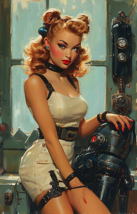 masterpiece,best quality,<lora:tbh149-sdxl:0.9>,style of Gil Elvgren, cyberpunk city