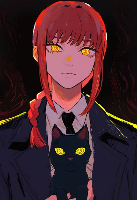 <lora:eXZvdG9ybw==-noobaiXLNAIXL_epsilonPred_V110_V1-CAME>, eXZv, makima \(chainsaw man\), 1girl, braid, holding animal, yellow eyes, necktie, looking at viewer, black necktie, ringed eyes, shirt, holding, red hair, braided ponytail, white shirt, collared shirt, animal, sidelocks, solo, suit, cat, formal, holding cat, coat, jacket, black coat, long hair, hair over shoulder, closed mouth, medium hair, black jacket, rabbit, upper body, dark background, black cat