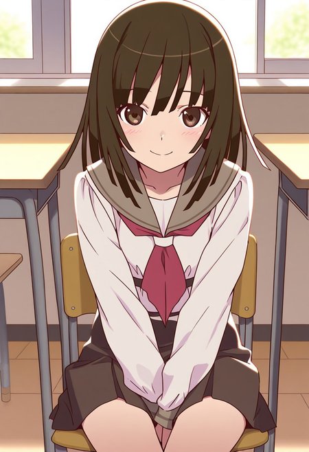 <lora:illustrious_XL_nadeko:0.9>,nadeko,masterpiece,best quality,good quality,1girl,solo,long hair,long bangs,school_uniform,sailor,day,indoor,classroom,v_arms,sitting_on_chair,smile,light_blush,