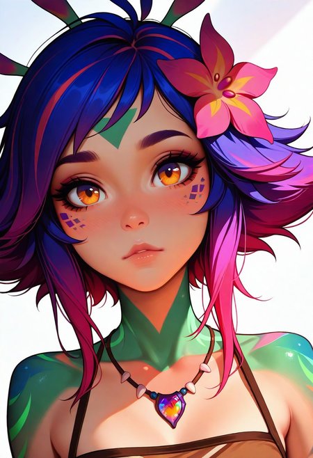 masterpiece, best quality, amazing quality, very aesthetic
Artist : Tsuaii, Artist : Incase, flat colors,
1girl, close up, portrait, face focus, looking at viewer, 
neeko, multicolored hair, colored skin, facial mark, forehead mark, hair ornament, hair flower, necklace, brown crop top, midriff, brown shorts, loincloth
(neutral white background), dynamic lighting,