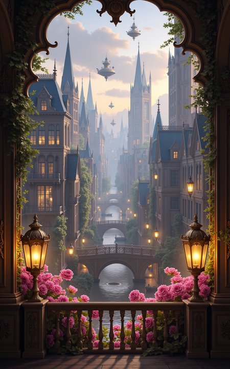 an enchanted balcony overlooking a fantastical steampunk city,tall ornate buildings with spires and bay windows stretching into the misty distance,floating botanical vessels hovering in the sky,golden light pouring from antique lanterns,lush pink flowers in full bloom,no characters,vivid style,
<lora:aidmaMJ6.1v0.4:0.6>,aidmaMJ6.1,<lora:AntiBlur:0.8>,