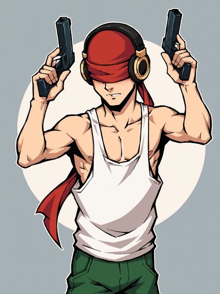score_9, score_8up, score_7up, score_6up, score_5up, score_4up, abstract background, source_cartoon, rating_explicit, BREAK
solo, male, con_smith, headband, blindfold, headphones, white tank top, green pants, guns, dual wielding, BREAK
 <lora:Con_Smith_-_Killer7_-_PDXL:0.8>