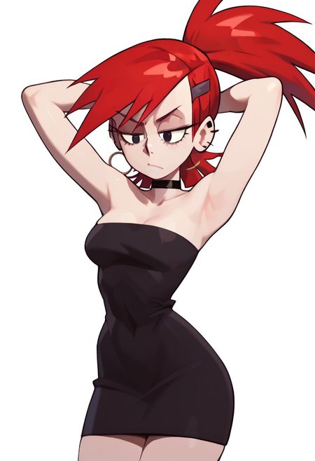 Expressiveh, anime artwork, score_9, score_8_up, score_7_up, score_6_up, score_5_up, <lora:Lunas-Nyantcha-Thiccwithaq-SDXL-A1:1>
1girl, solo, FrankieFoster, Frankie Foster, red hair, ponytail, medium hair, asymmetrical bangs, long eyeliner, long eyeslashes, making a ponytail, arms up, armpits, medium breast, 
black short dress, bare arms, bare neck, bare shoulders, straight cleavage, slim body, wide hips, thin waist, serious face, lips, 
white background, simple background, cowboy shot