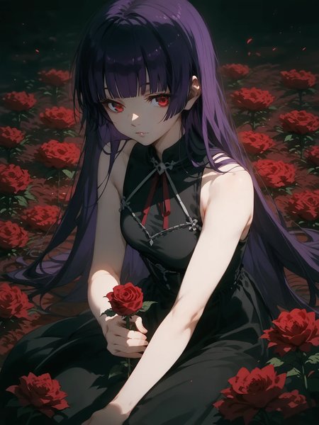 (score_9, score_8_up, score_7), 1girl,yuuko,purple hair, long hair, red eyes, blunt bangs, hime cut, black dress, sleeveless, bare shoulders, wariza sitting, flowers, dark, atmospheric,
