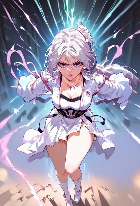 zPDXL3, score_9_up, score_8_up, score_7_up, Anime_source, 1girl,ChuQingCheng, purple eyes, white hair, long hair, half updo, medium breasts, parted lips, beautiful, voluptuous, hourglass figure, big breasts, bare shoulders, cavern background, soft lighting, masterpiece, best quality, highly detailed, 
sexy pose, dynamic pose,
 high heels, 
very aesthetic, source_anime, detailed, high quality, beautiful, masterpiece, detailed eyes, black and white school uniform, gold trim, long-sleeved jacket, short skirt, pleated skirt, knee-high socks, white shoes, academy badge on arm
, slim, perfect fingers, parted lips, looking at viewer, Dynamic pose, sexy pose,
<lora:energy_beam:0.9> solo, energy_beam from hand, magic, pushing, fighting stance, standing in the middle of destroyed buildings, day time, castle room background