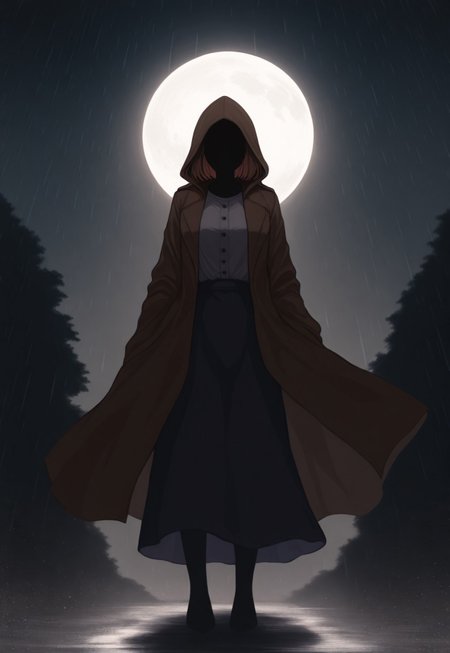 solo, ethereal, ultra-detailed, cinematic lighting, halfturned, particles, mesmerizing, fullbody,  horror, 


rain, moon, moonlight

no face, fully shadowed face, 


1girl,  short brown hair, grey blouse, dark long skirt, hood on, brown serif coat,

(748cmstyle:1.3), 

masterpiece,best quality,amazing quality, detailed, 
