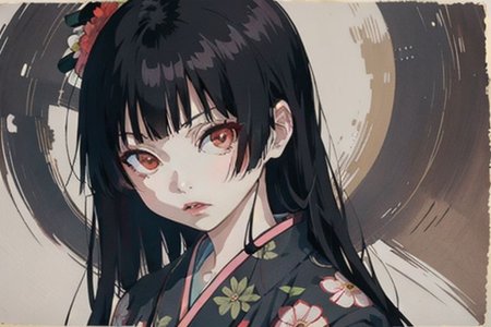enma ai, hair down, hair black, bangs, eyes red, masterpiece, best quality, ultra-detailed, illustration, 1girl, solo, highres, photorealistic, ultra high res, (Original illustration composition), (fusion of limited color, Maximalism artstyle, kimono obi fashion, double exposure, background, illustration, Amazing, lily spider, night darkness, open one's mouth, flowers red, Movie poster, sitting