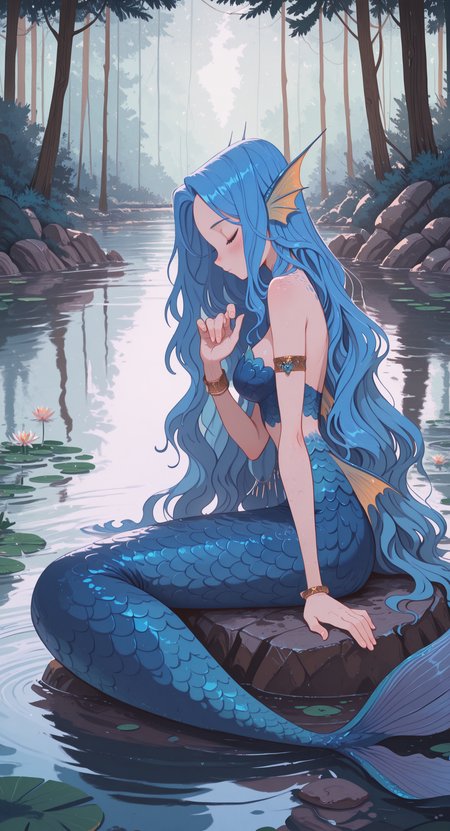 masterpiece, best quality, good quality, newest, highres, absurdres, 1girl, solo, long hair, breasts, blush, closed mouth, jewelry, bare shoulders, very long hair, sitting, blue hair, closed eyes, outdoors, hand up, water, from side, bracelet, fingernails, tree, strapless, profile, wavy hair, looking down, monster girl, nature, armlet, fish, partially submerged, forest, rock, fins, scales, mermaid, head fins, ripples, lake, lily pad, reflective water, pond, webbed hands, Flatline, Flat vector illustration,
klaus_style, <lora:illustriousXL_stabilizer_v1.23:0.3> <lora:NOOB_vp1_detailer_by_volnovik_v1:0.3> <lora:ponyv6_noobE11_2_adamW-000017:0.3> <lora:mon_monmon2133:0.7> <lora:checkpoint-e18_s306:1.3> <lora:klaus:0.8>