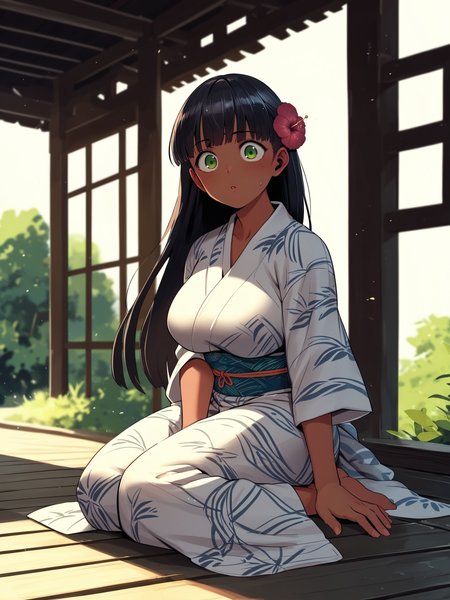 <lora:happy_tentacle-ranee-v0.4-000028:0.9>, ht_ranee, dark-skinned female, hair flower, black hair, green eyes, large breasts, yukata, outdoors , 1girl, solo, cowboy shot, thighs , , ( surprised :1), , looking at viewer , sitting , facing viewer , score_9, score_8_up, score_7_up, score_6_up, score_5_up, score_4_up