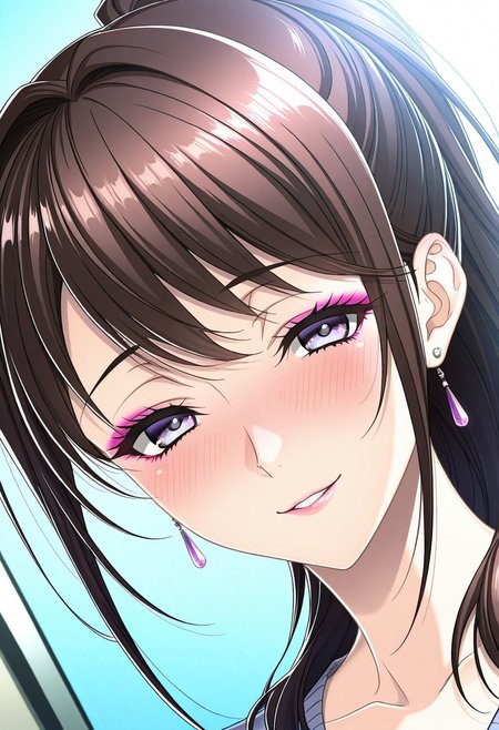 masterpiece, best quality, newest, highres, uncensored, 1girl, yokota mamoru style,1girl, slender face，motion lines,blush,torogao,looking at the viewer,seductive smile
Ichinose Ayako,Brown Hair, Ponytail, Shoulder-length Hair,Long Hair, Sidehair, Straight Hair,Violet Eyes,Slim
1girl,solo
1girl,solo, open eyes,smile with love, makeup, earrings, jewelry, long hair, blush, close-up,  dutch angle, portrait