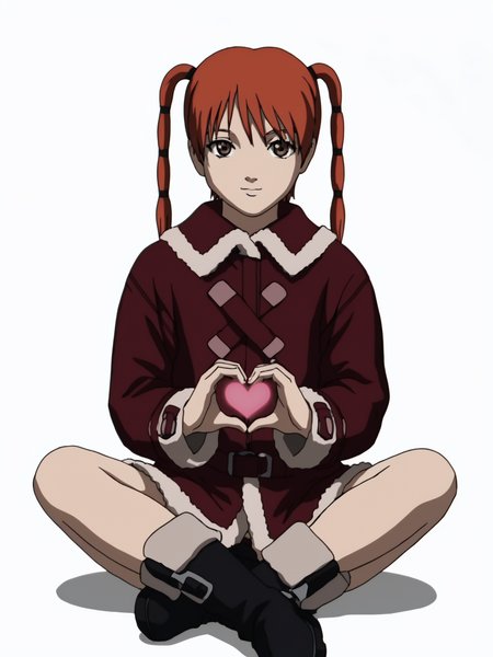 score_9, score_8_up, score_7_up, score_anime, rating_explicit, uncensored, BREAK 1girl, <lora:Ran_Theoria_PDXLv0.1:0.8> ran_theoria, coat, heart hands, heart, anime screencap, 1990s \(style\), looking at viewer, sitting, boots, black footwear, white background,