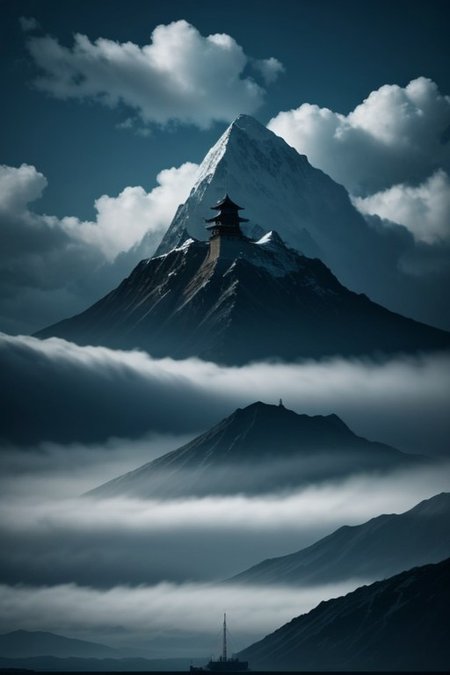 "Serene Sail" - Title: "Temple in the Sky"
Minimalist ink sketch, double exposure effect, featuring a small Buddhist temple nestled high among mountain peaks and glaciers, while a mystical sailboat with a solitary sail glides through vast cumulus clouds, style reminiscent of Nihonga and Ukiyo-E, imbued with a perfect composition, an epic dreamy atmosphere, sharp focus, intricate details, trending on ArtStation, highly detailed work styled by Greg Rutkowski.